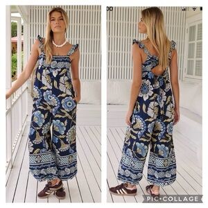 Free People Bali Albright Jumpsuit Floral Blue Colorway, XS, 100% Cotton